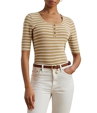 Lauren Ralph Lauren Ribbed Knit Striped Scoop Neck Elbow Length Sleeve Henley Top