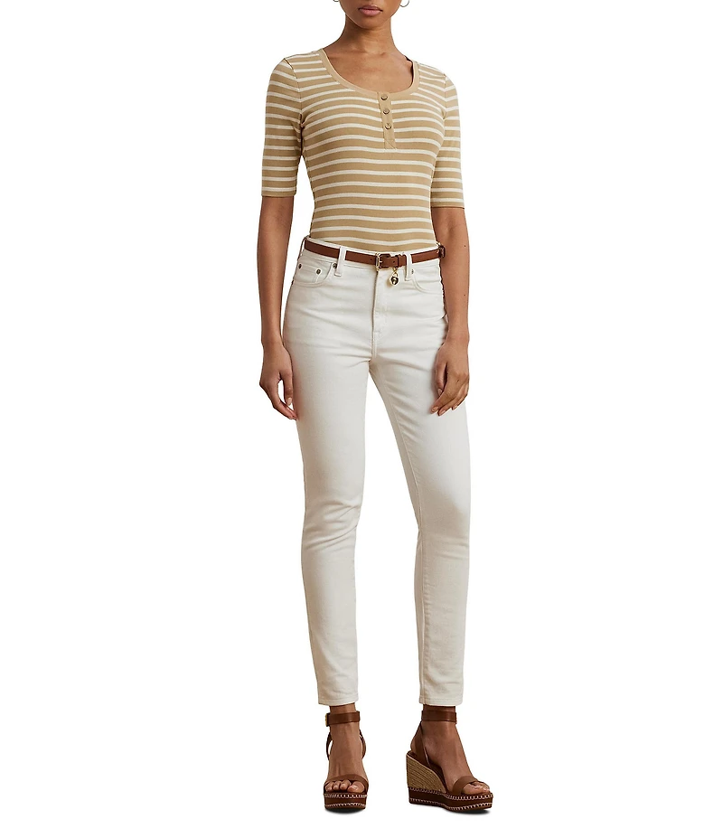 Lauren Ralph Lauren Ribbed Knit Striped Scoop Neck Elbow Length Sleeve Henley Top