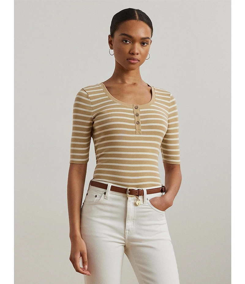 Lauren Ralph Lauren Ribbed Knit Striped Scoop Neck Elbow Length Sleeve Henley Top