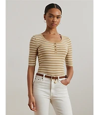 Lauren Ralph Lauren Ribbed Knit Striped Scoop Neck Elbow Length Sleeve Henley Top