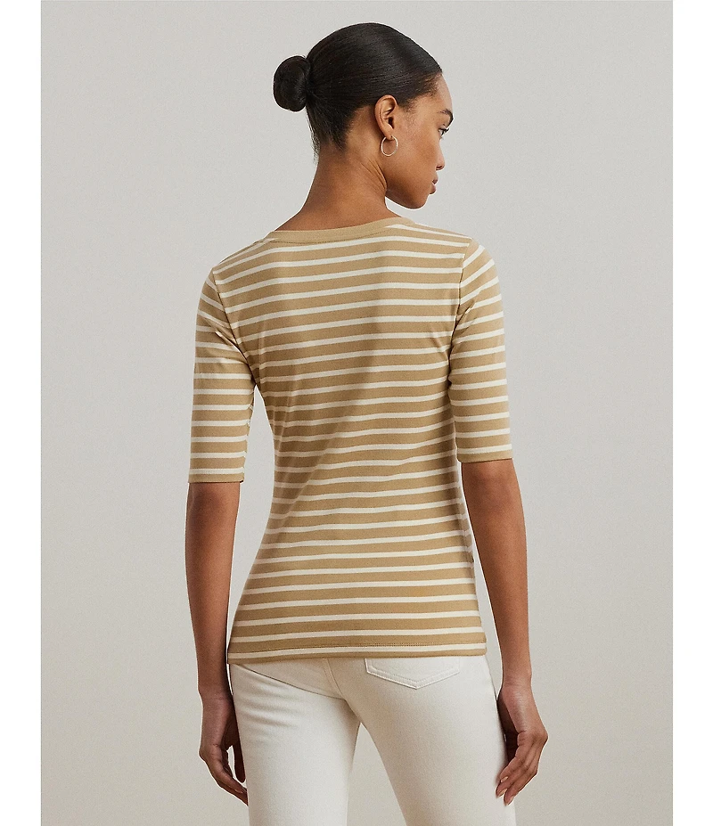 Lauren Ralph Lauren Ribbed Knit Striped Scoop Neck Elbow Length Sleeve Henley Top