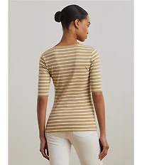 Lauren Ralph Lauren Ribbed Knit Striped Scoop Neck Elbow Length Sleeve Henley Top