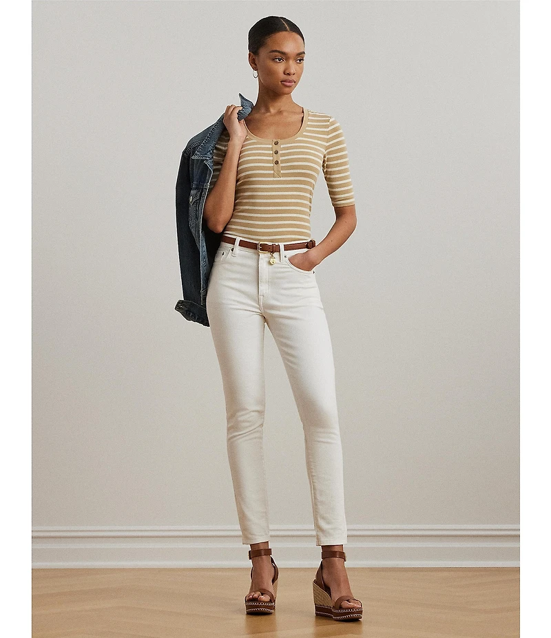 Lauren Ralph Lauren Ribbed Knit Striped Scoop Neck Elbow Length Sleeve Henley Top