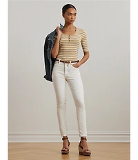Lauren Ralph Lauren Ribbed Knit Striped Scoop Neck Elbow Length Sleeve Henley Top