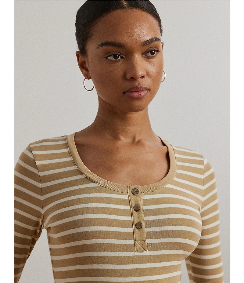 Lauren Ralph Lauren Ribbed Knit Striped Scoop Neck Elbow Length Sleeve Henley Top