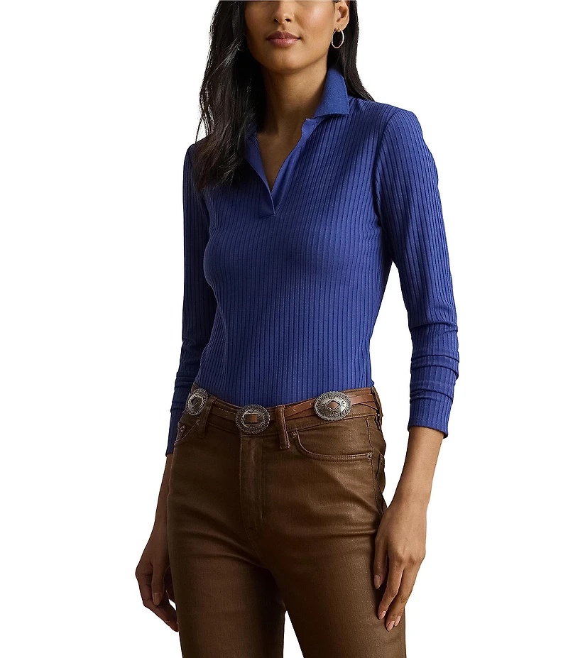 Lauren Ralph Lauren Ribbed Knit V-Neck Johnny Collar Long Sleeve Polo Top