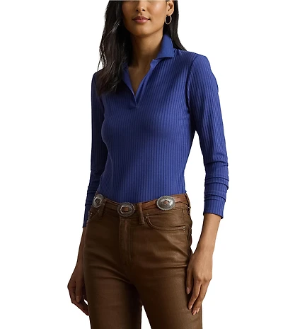 Lauren Ralph Lauren Ribbed Knit V-Neck Johnny Collar Long Sleeve Polo Top