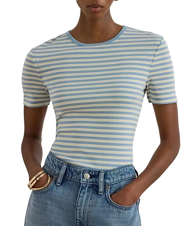 Lauren Ralph Lauren Ribbed Knit Yarn-Dyed Stripe Crew Neck Short Sleeve Tee