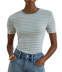 Lauren Ralph Lauren Ribbed Knit Yarn-Dyed Stripe Crew Neck Short Sleeve Tee