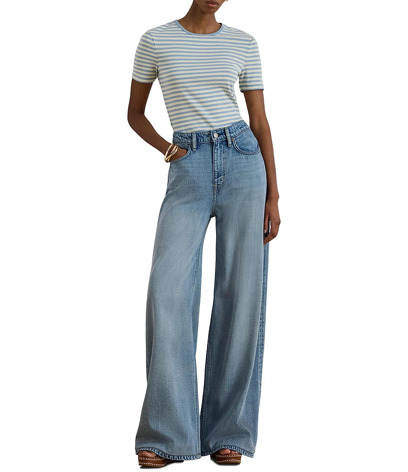 Lauren Ralph Lauren Ribbed Knit Yarn-Dyed Stripe Crew Neck Short Sleeve Tee