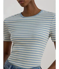 Lauren Ralph Lauren Ribbed Knit Yarn-Dyed Stripe Crew Neck Short Sleeve Tee