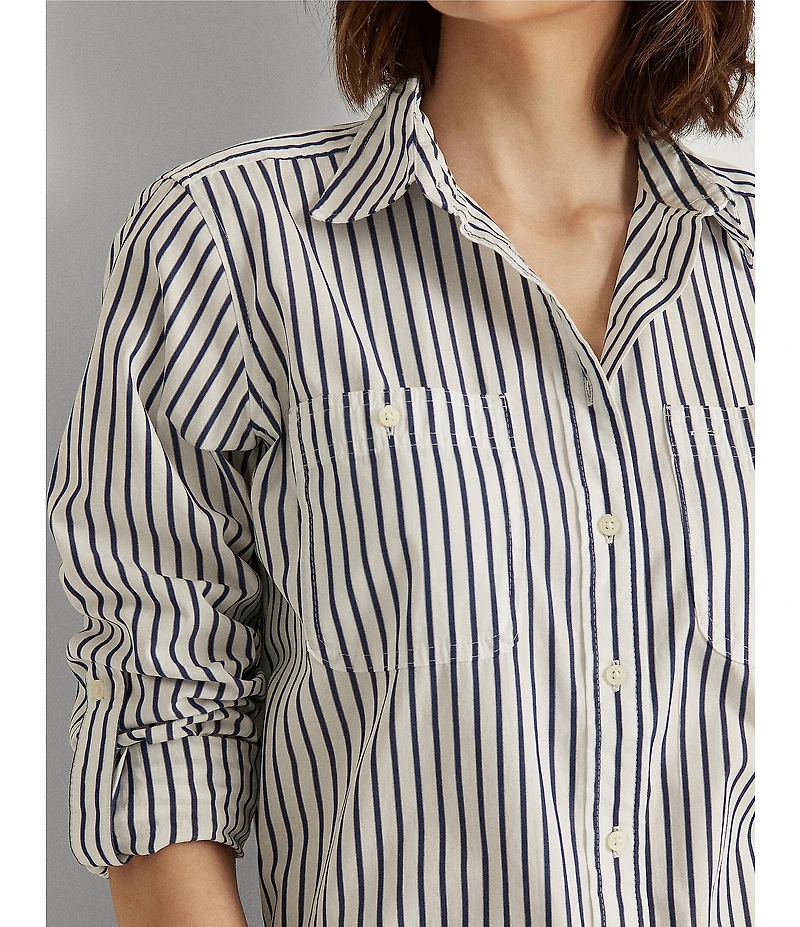 Lauren Ralph Lauren Long Roll-Tab Sleeve Striped Button Front Cotton Shirt