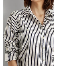 Lauren Ralph Lauren Long Roll-Tab Sleeve Striped Button Front Cotton Shirt