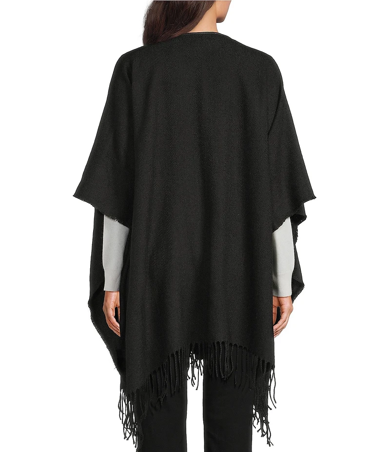 Lauren Ralph Lauren Wool Blend Woven Equestrian Buckle Fringe Ruana