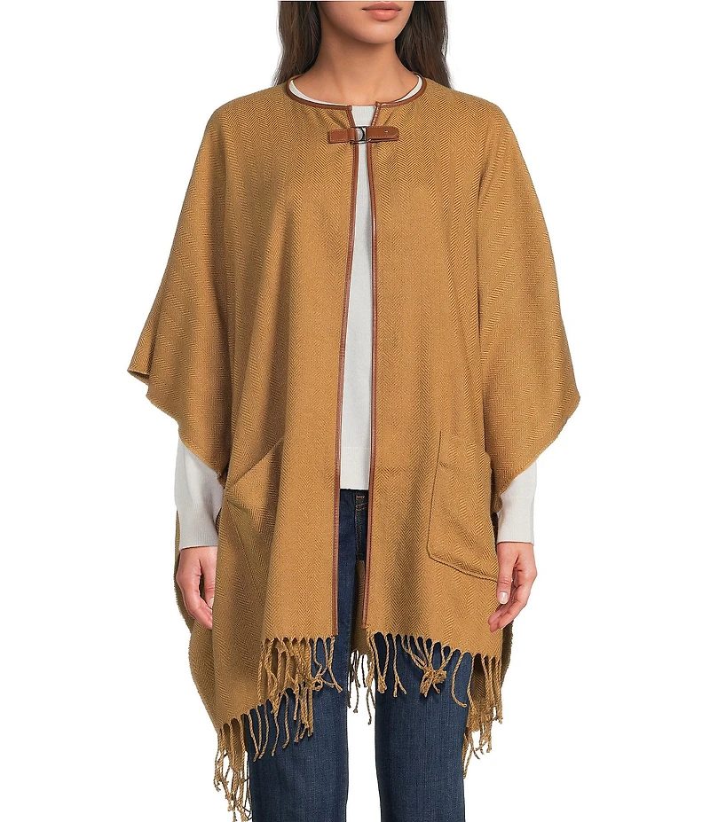Lauren Ralph Lauren Wool Blend Woven Equestrian Buckle Fringe Ruana
