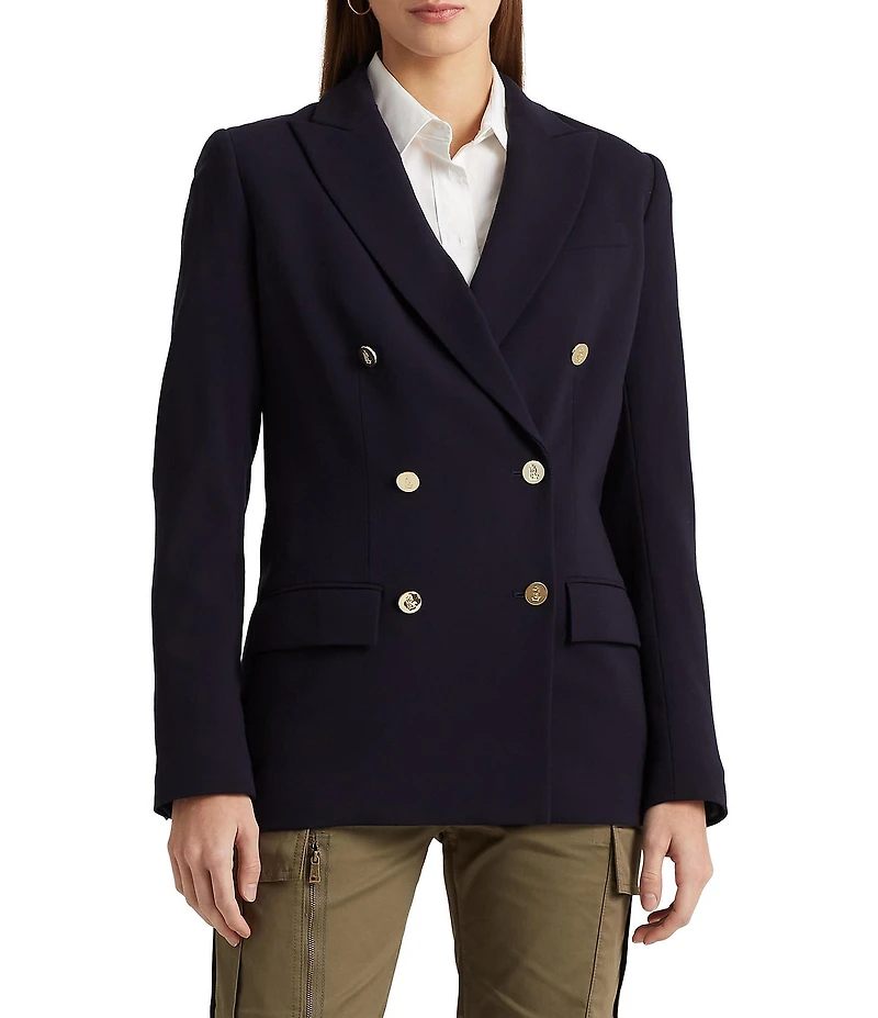 Lauren Ralph Lauren Double Breasted Wool Crepe Notch Lapel Long Sleeve Blazer