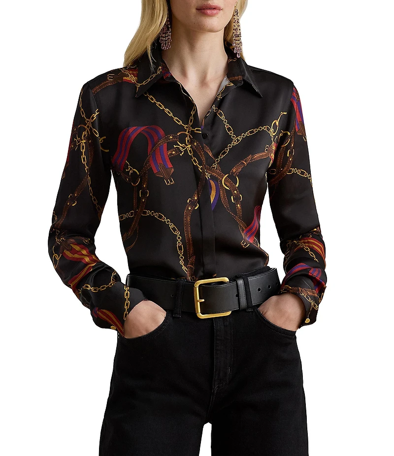 Lauren Ralph Lauren Satin Belting Print Point Collar Long Sleeve Shirt