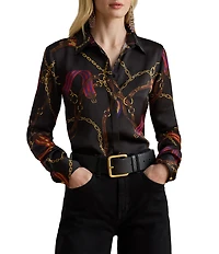 Lauren Ralph Lauren Satin Belting Print Point Collar Long Sleeve Shirt