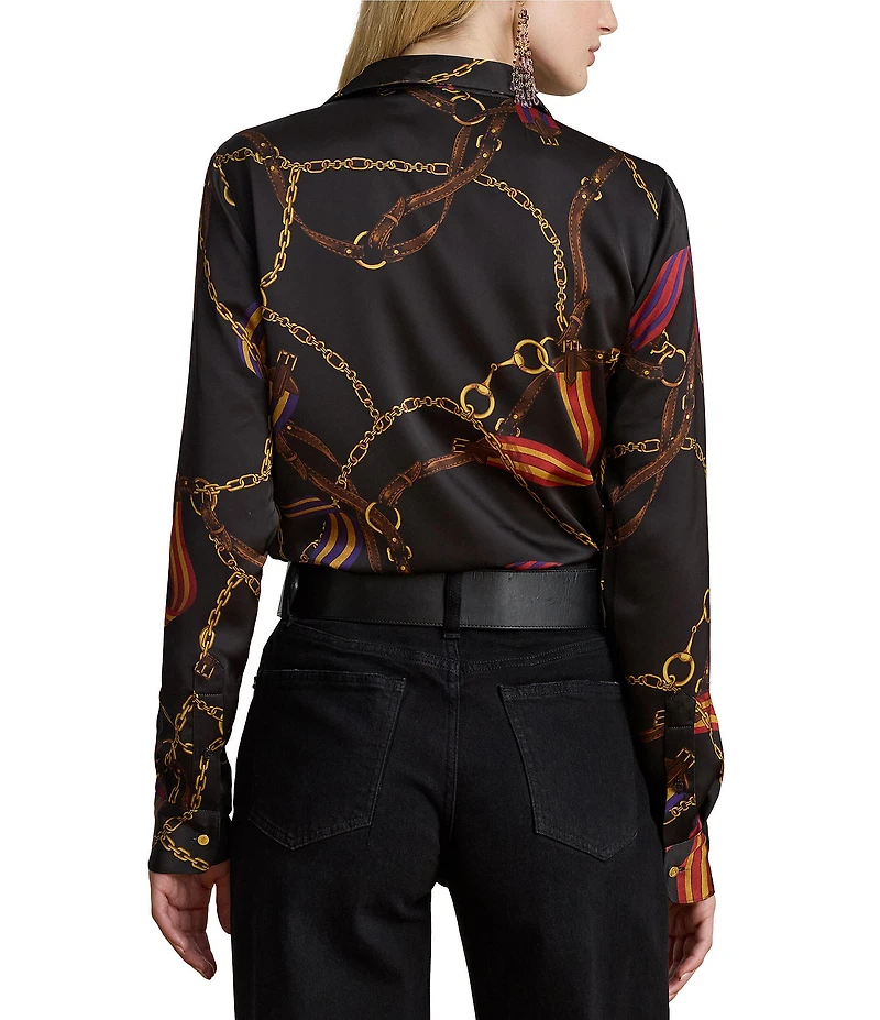 Lauren Ralph Lauren Satin Belting Print Point Collar Long Sleeve Shirt