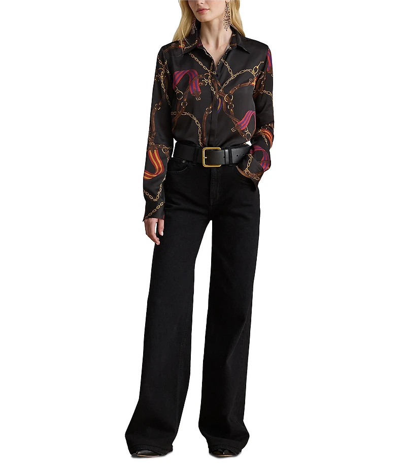 Lauren Ralph Lauren Satin Belting Print Point Collar Long Sleeve Shirt