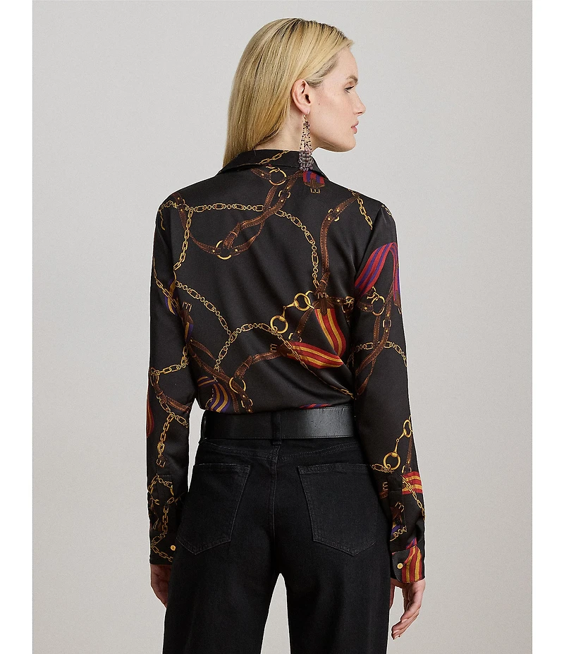 Lauren Ralph Lauren Satin Belting Print Point Collar Long Sleeve Shirt