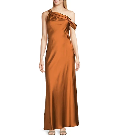 Lauren Ralph Lauren Satin Charmeuse Asymmetrical Off-The-Shoulder Sleeveless Slip Dress