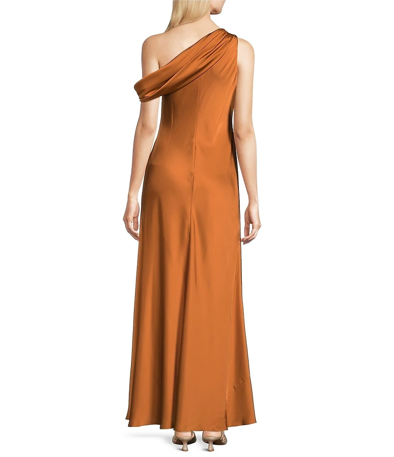 Lauren Ralph Lauren Satin Charmeuse Asymmetrical Off-The-Shoulder Sleeveless Slip Dress