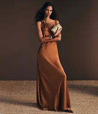 Lauren Ralph Lauren Satin Charmeuse Asymmetrical Off-The-Shoulder Sleeveless Slip Dress