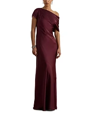 Lauren Ralph Lauren Satin Charmeuse Asymmetrical Off-The-Shoulder Slim Fit Gown