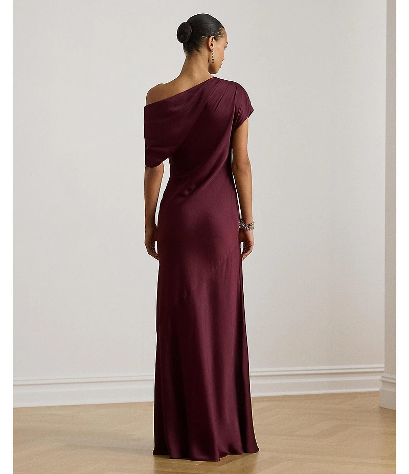 Lauren Ralph Lauren Satin Charmeuse Asymmetrical Off-The-Shoulder Slim Fit Gown