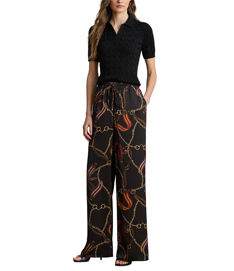 Lauren Ralph Lauren Satin Charmeuse Belting Print Wide Leg Pants