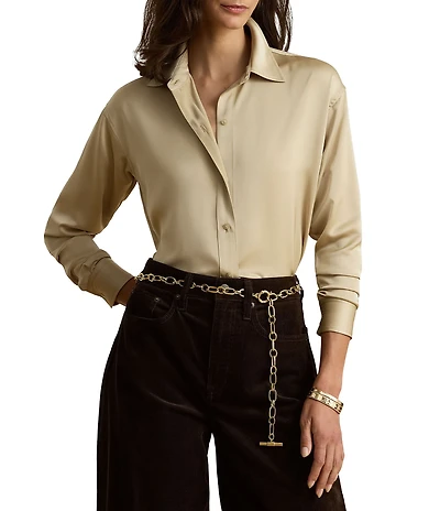 Lauren Ralph Lauren Satin Charmeuse Point Collar Long Sleeve Button Front Shirt