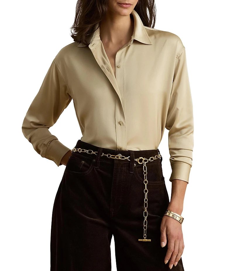 Lauren Ralph Lauren Satin Charmeuse Point Collar Long Sleeve Relaxed Fit Sport Shirt