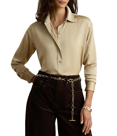 Lauren Ralph Lauren Satin Charmeuse Point Collar Long Sleeve Relaxed Fit Sport Shirt