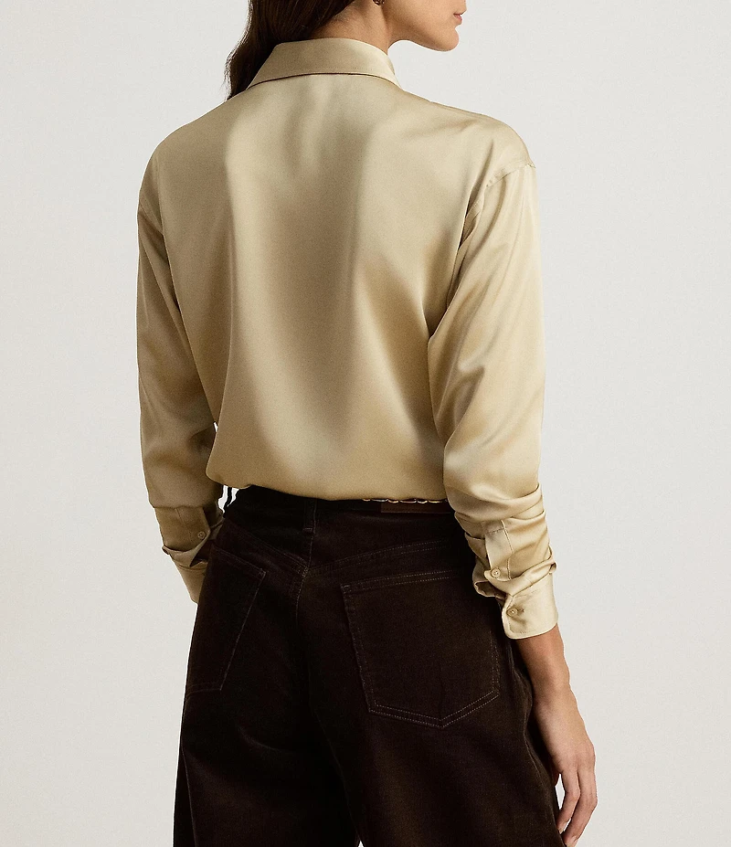Lauren Ralph Lauren Satin Charmeuse Point Collar Long Sleeve Relaxed Fit Sport Shirt