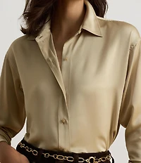 Lauren Ralph Lauren Satin Charmeuse Point Collar Long Sleeve Relaxed Fit Sport Shirt