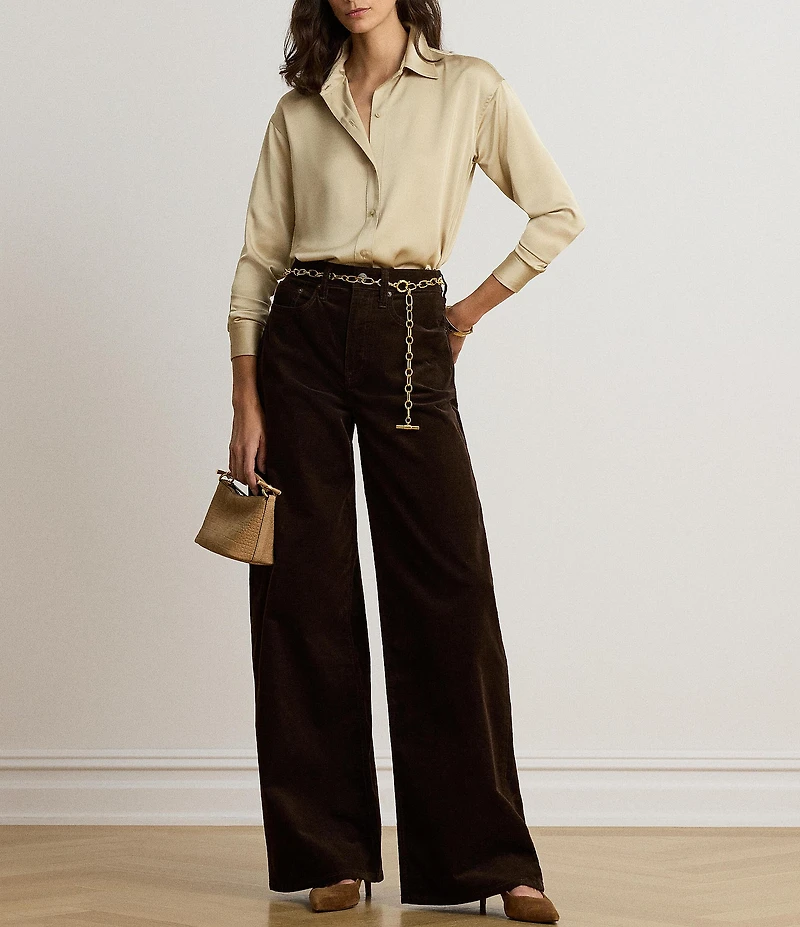 Lauren Ralph Lauren Satin Charmeuse Point Collar Long Sleeve Relaxed Fit Sport Shirt