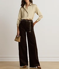 Lauren Ralph Lauren Satin Charmeuse Point Collar Long Sleeve Relaxed Fit Sport Shirt