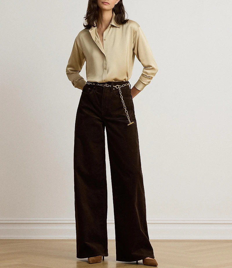 Lauren Ralph Lauren Satin Charmeuse Point Collar Long Sleeve Relaxed Fit Sport Shirt