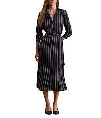 Lauren Ralph Lauren Satin Charmeuse Striped Point Collar Long Sleeve Button Front Belted Midi Shirtdress