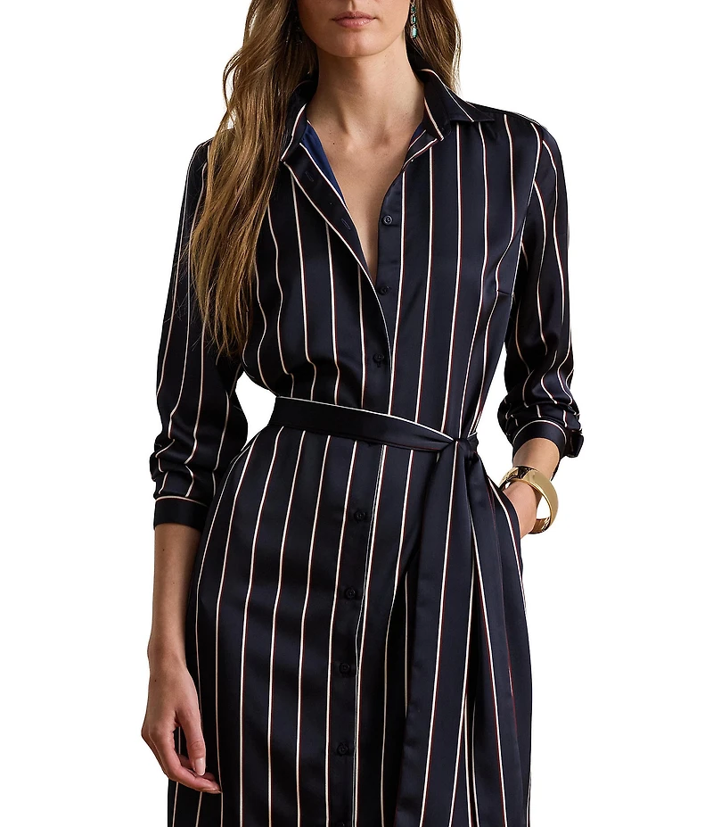 Lauren Ralph Lauren Satin Charmeuse Striped Point Collar Long Sleeve Button Front Belted Midi Shirtdress