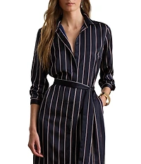 Lauren Ralph Lauren Satin Charmeuse Striped Point Collar Long Sleeve Button Front Belted Midi Shirtdress