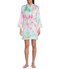 Lauren Ralph Lauren Satin Ikat Shawl Collar Kimono Sleeve Short Wrap Robe