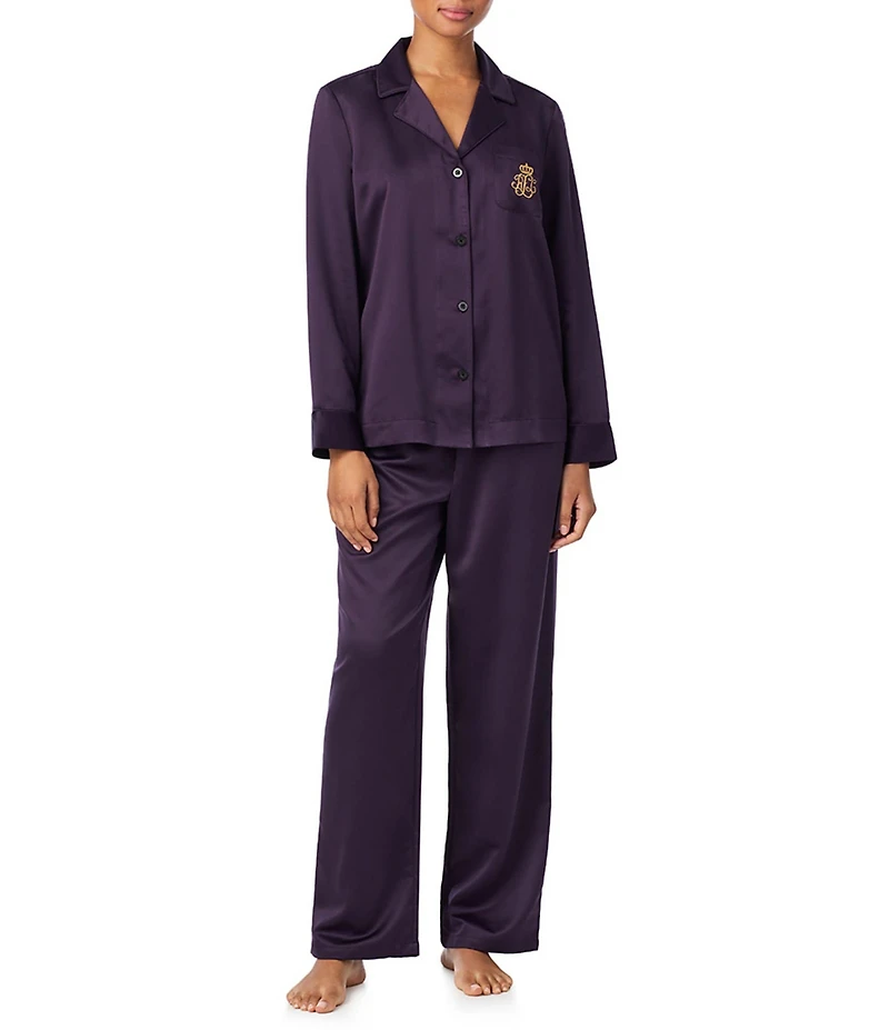 Lauren Ralph Lauren Satin Long Sleeve Notch Collar Patch Pocket Long Pant Pajama Set