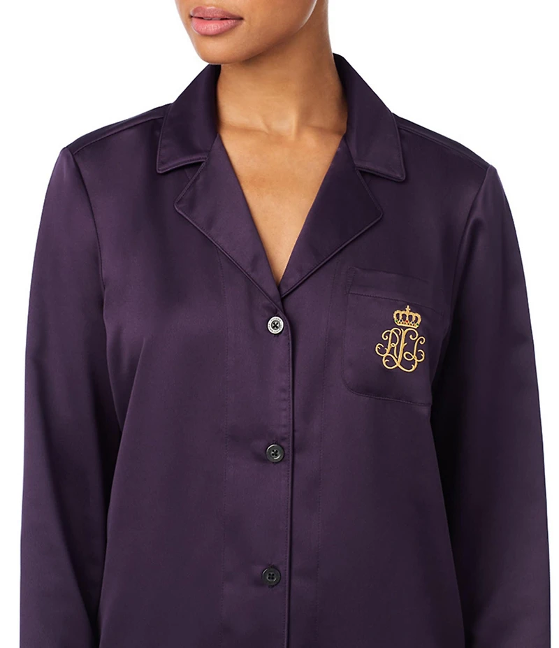 Lauren Ralph Lauren Satin Long Sleeve Notch Collar Patch Pocket Long Pant Pajama Set