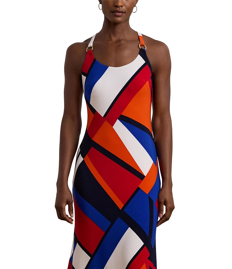 Lauren Ralph Lauren Scoop Neck Jersey Knit Geometric Print Scoop Neck Sleeveless Maxi Dress