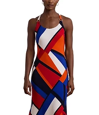 Lauren Ralph Lauren Scoop Neck Jersey Knit Geometric Print Scoop Neck Sleeveless Maxi Dress