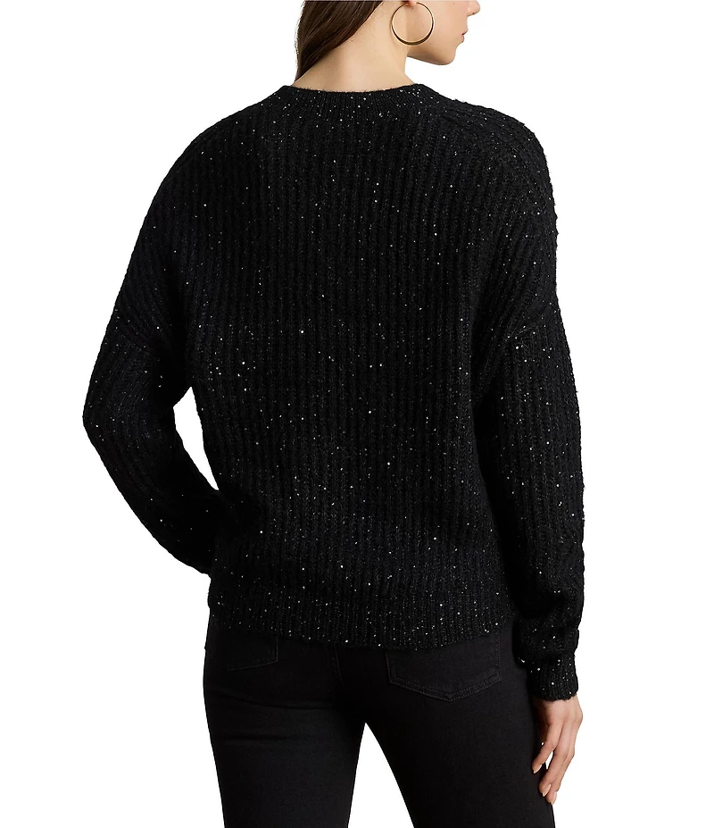 Lauren Ralph Lauren Sequined Rib-Knit V-Neck Long Sleeve Sweater