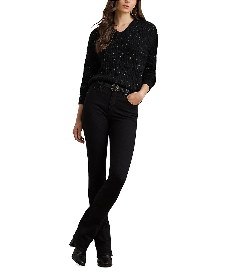 Lauren Ralph Lauren Sequined Rib-Knit V-Neck Long Sleeve Sweater
