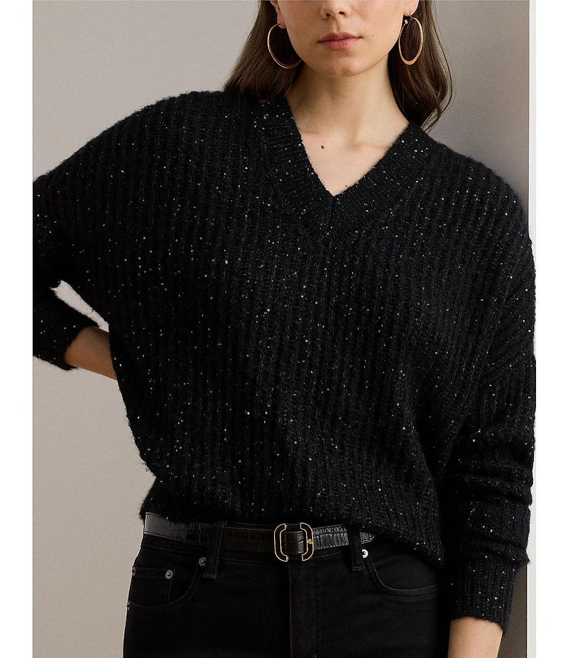Lauren Ralph Lauren Sequined Rib-Knit V-Neck Long Sleeve Sweater